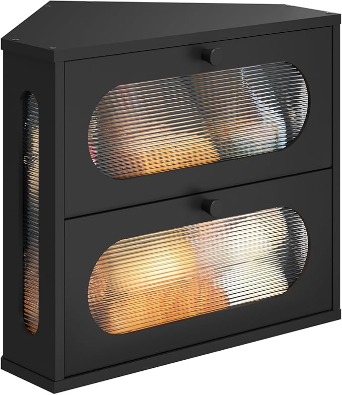 Corner Bread Box for Kitchen Countertop, 2 Tier Black Corner Bread Box, Bamboo Wood Large Capacity Bread Storage Bin with Acrylic Wavy Door Panel