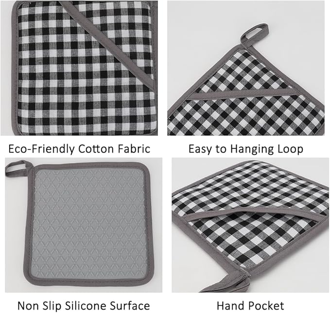Pot Holders for Kitchen 2 Pack Heat Resistant Hot Pads for Kitchen Counter Decor, Silicone Non-Slip Hot Pads with Soft Cotton Lining Pot Holder Trivets for Kitchens Oven Cooking Baking Pans,Gray Plaid