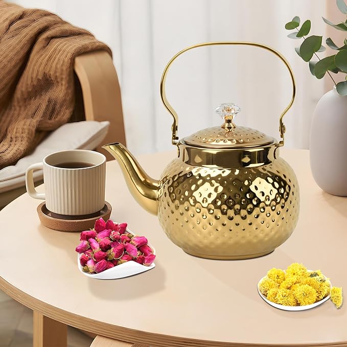 Hammered Tea Kettle, Stainless Steel Tea/Coffee Pot Loose Leaf Teapot for Tea, Milk, Coffee, 1.2L Teapot with Strainer Stovetop Tea Kettle, Outdoor Travel Supplies, Gift For Tea (Gold)