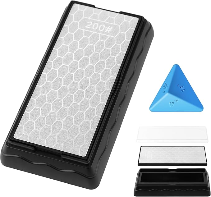 Double-sided Diamond Sharpening Stone,Knife Sharpening Stone with Extra Fine 600/Coarse 200 Grit Diamond Plate, Storage Case with Non-Slip Base & Angle Guide(7 x 3.5 Inch)