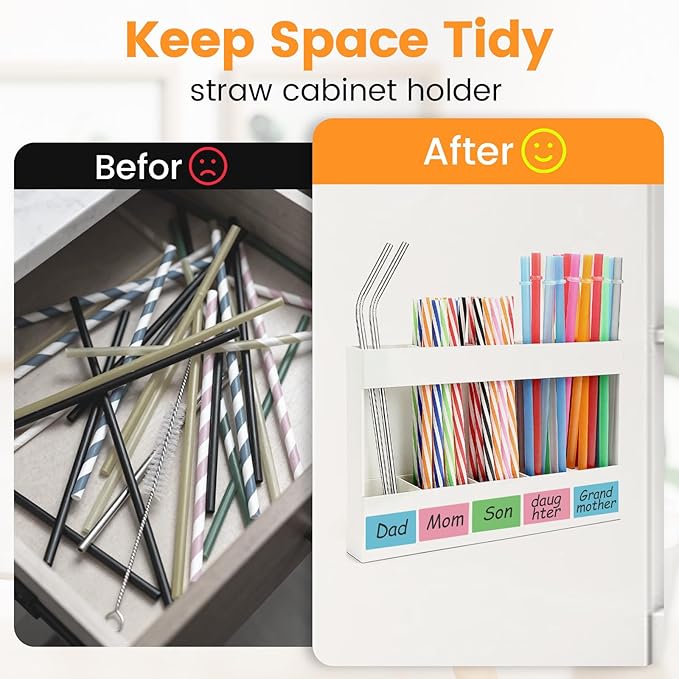 Acrylic Straw Holder, Straw Organizer Dispenser with Two Pieces Rubber Magnet Sheets, Drinking Straw Storage Holder for Cabinet Door Fridge Counter Kitchen Office(White)
