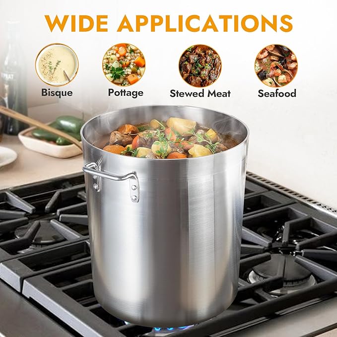 CURTA 60 Quarts Aluminum Stock Pot with Lid, Heavy Duty Commercial Grade Large Capacity Cooking Pot for Boiling, Stewing, Great for Kitchen, Restaurant, Catering, and Home Use,NSF certified