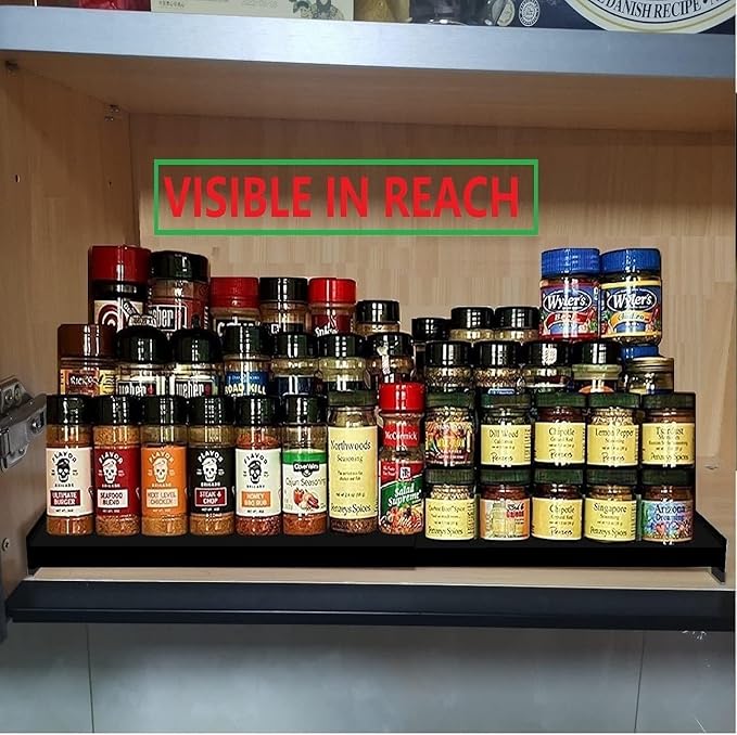 Spice Rack Organizer 3 Tier Expandable Display Shelf(12.8"-24.01" W) Non-Skid Heavy Duty Sturdy Metal Iron Alloy Steel Step Racks 2 Packs/Black