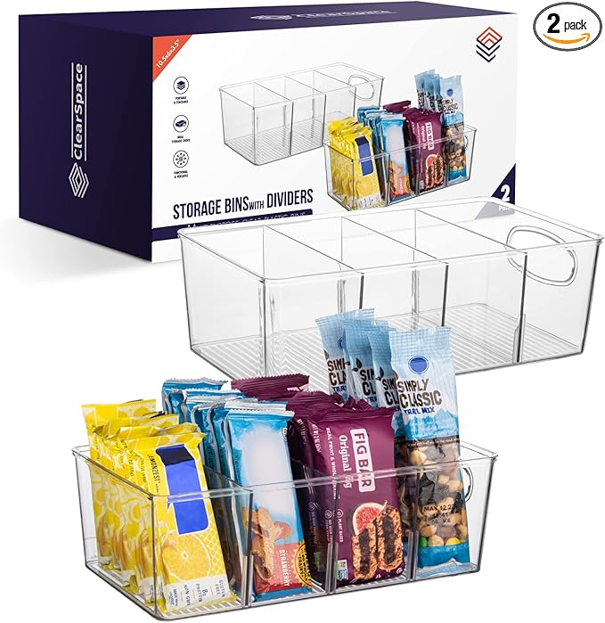 ClearSpace Pantry Organizers and Storage with Removable Dividers – Pantry Organization and Storage Bins or Kitchen and Fridge Organizer – Refrigerator Organizer Bins, Snack Organizers (2 Pack)
