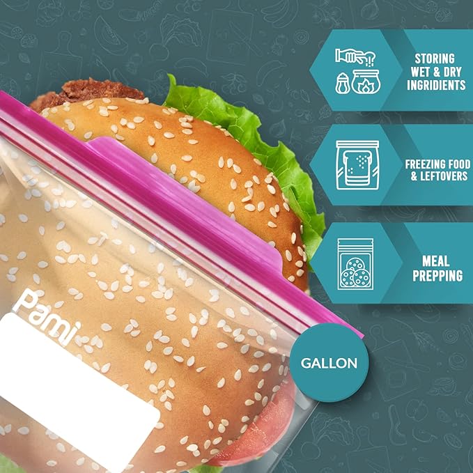 PAMI Leakproof Reusable Double Zip Sandwich Bags with Expandable Bottom and Write-On Label, Food Storage Zipper Bags (Gallon 60 Clear)