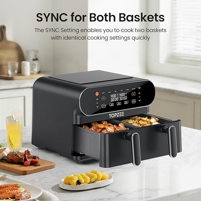 TOPZEE 11-QT Large Air Fryer - 8 in 1 XL Airfryer with Flex Basket, Divider for Dual Cooking, Preheat, Air Fry, Roast, Broil, Bake, Reheat, Dehydrate, French Fries, Dishwasher Safe, Black