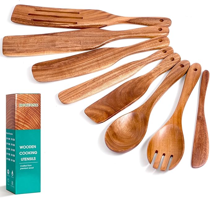 Wooden Spurtle Set, Spurtle Spatula, 8-Pcs Natural Acacia Wood Cooking Tools – Wooden Kitchen Utensils Set with Smooth Finish Comfort Grip, Nonstick Safe Non-Toxic Wood Cooking Spoons by HOWHONG
