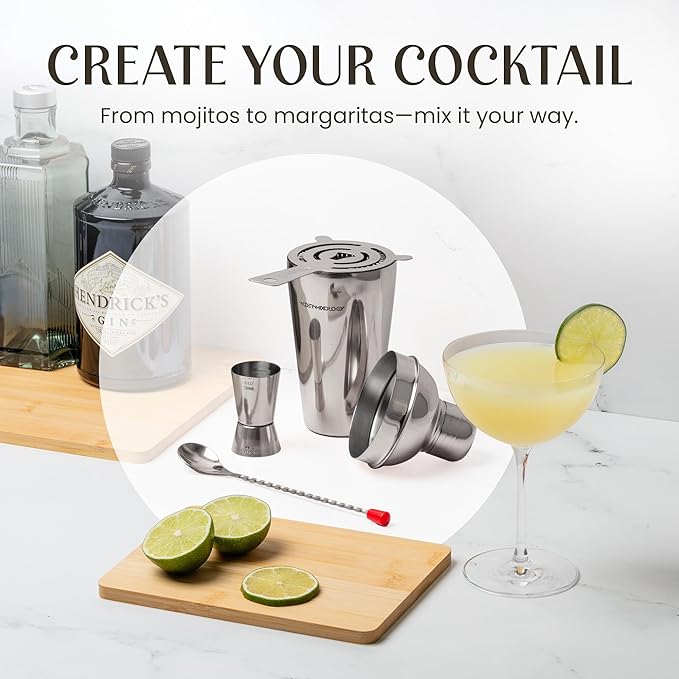 Modern Mixology Cocktail Shaker Set - 8 Piece Bartender Kit with Martini Shaker and Popular Bar Accessories on Quality Pine Stand - Leak Proof Design (Silver)