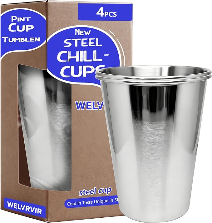20oz 4PCS Stainless Steel Pint Cup,Pint Tumbler,Reusable metal Cups,Stainless Steel Water Tumbler,BPA Free,Stackble,Durable,Unbreakable Metal Drinking Glasses for Bar,Banquet Mugs (4, 20OZ)