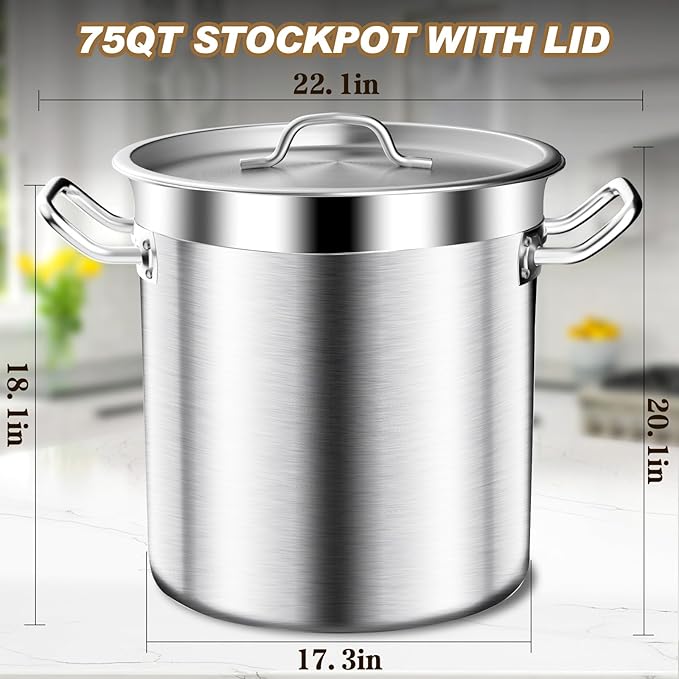 75QT Stainless Steel Stockpot with Lid, Large Stock Pot Heavy Duty Tri-Ply Bottom Commercial Grade Soup Pot for Cooking Soup, Stew, Canning, Oven, Gas, Ceramic, Dishwasher Safe
