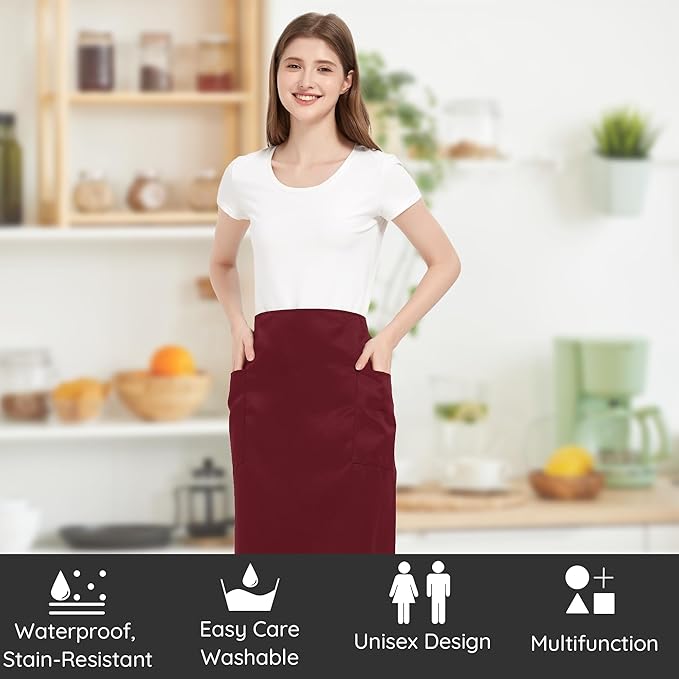 3 Pack Waist Apron with 3 Pockets, Unisex Black Waiter Aprons, Water Resistant Server Aprons for Restaurant Chef Bar