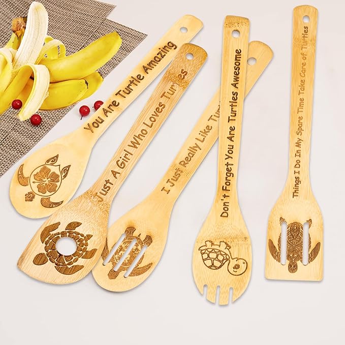 5PCS Turtle Wooden Cooking Spoons Set Turtle Gifts Turtle Kitchen Decor Bamboo Cooking Utensil Spoons Turtle Gifts for Women Kitchen Housewarming Wedding