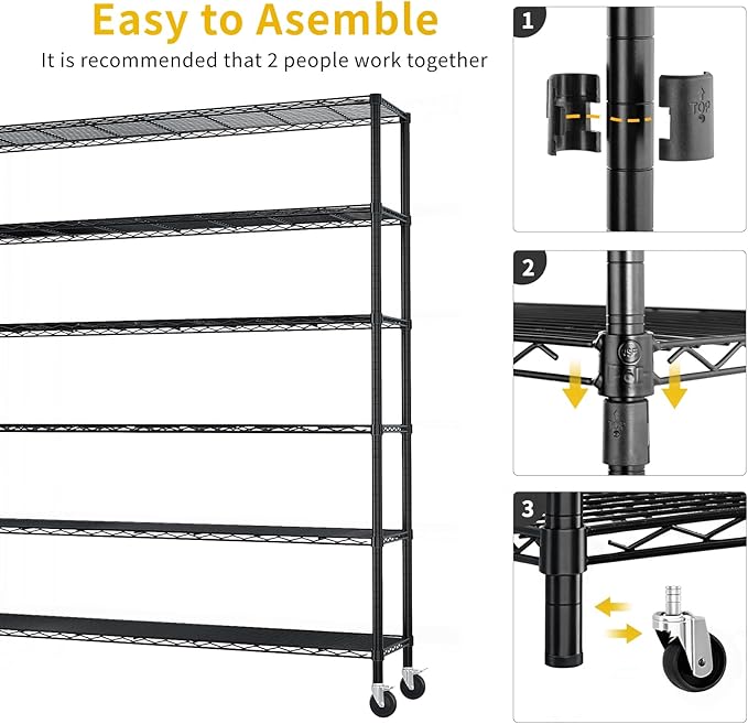 Karl home 6-Tier Adjustable Metal Storage Shelves, Wire Shelving Unit with Wheels & Leveling Feet, Heavy Duty Garage Shelving, Pantry & Kitchen Display Shelf Organizer, Home Storage Rack