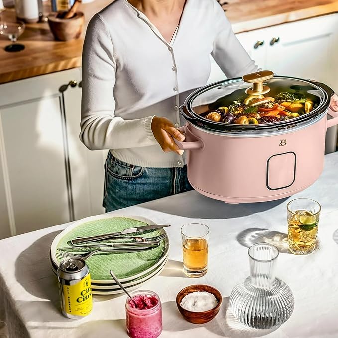 Beautiful 6 Qt Programmable Slow Cooker by Drew Barrymore - 5 Preset Cooking Functions, Digital Countdown Timer, Dishwasher-Safe Parts, and Cool-Touch Handles (Rose)