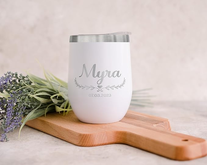 Gifts Inscribed Personalized Wine Tumbler with Lid – White Custom Engraved Stainless Steel Insulated Mug for Hot & Cold Drinks – Customized Bridesmaid, Wedding, or Birthday Gift