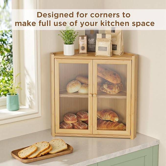 BAMBANG Corner Bread Box for Kitchen Countertop, Double Layer Bamboo Bread Storage Container with 2 Doors, Farmhouse Large Bread Bin, Wooden Breadbox Holder for Homemade Bread, Natural
