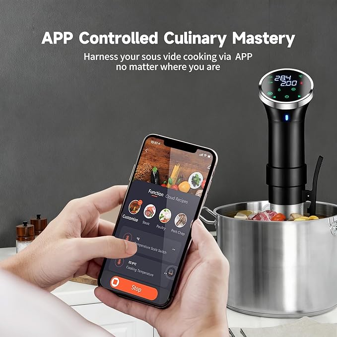 WiFi Sous Vide Cooker with APP Control,1100W Sous Vide Immersion, 3D Heating& LED Display for Home Chefs and Beginners, Party, Temperature Range 77-203℉ Ultra-Quiet Slow Cooking Sous-vide APP Control