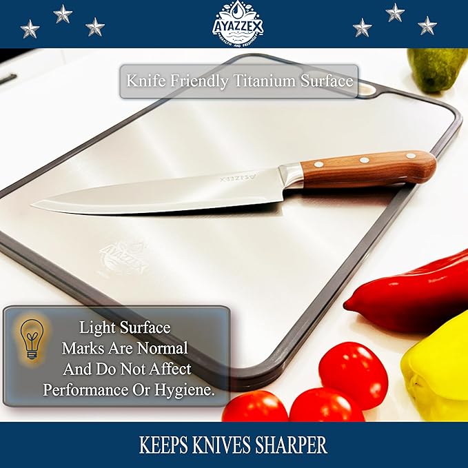 Titanium Cutting Board for Kitchen – Double-Sided Food Grade Cutting Board – 99.9% Titanium & Wheat Straw PP (15”×9”) Large Size & Ultra Durable, Easy to Clean - Includes Sponge & Pad & Hook
