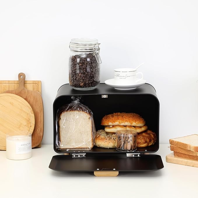 Black Bread Box for Kitchen Countertop - Large Capacity Bread Storage Container Modern Bread Box - Stylish Metal Bread Organizer