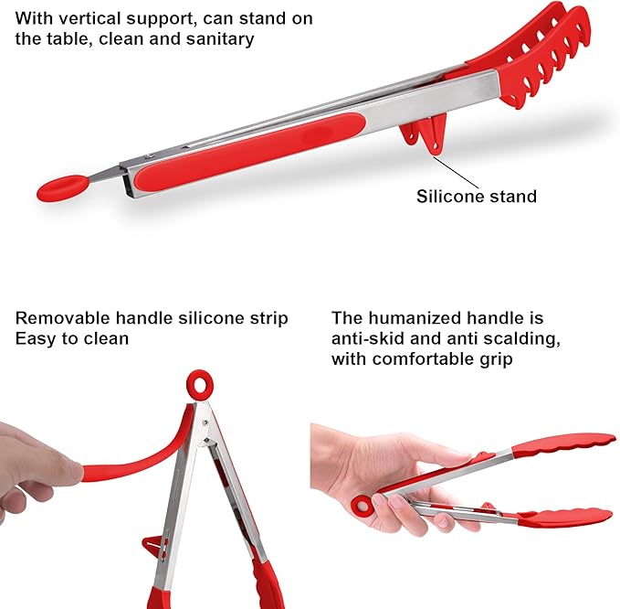 4in1 Stainless Steel Kitchen Food Tongs Set for Cooking with Silicone Tips, Toaster Steak Pie Pizza Pasta Spaghetti Noodles Salad Fruit Vegetable Grill BBQ Buffet Clamp Serving Tools Gadgets
