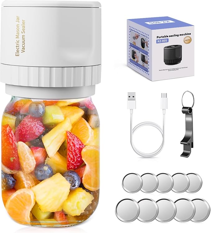 Mason Jar Vacuum Sealer, 80kPa Electric Mason Jar Vacuum Sealer Kit Auto Stop White Jar Sealer Vacuum Sealing Machine for Food Vacuum Storage with Wide and Regular Mouth Lids Can Opener Stickers
