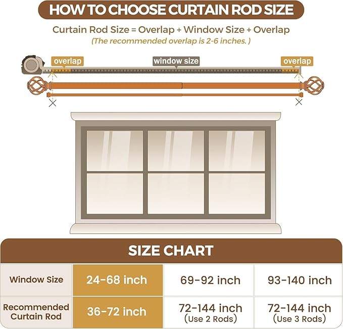 KAMANINA Gold Double Curtain Rod 36 to 72 Inches (3-6 Feet) Window Telescoping Drapery Rods, 1 Inch Heavy Duty Curtain Rods for Windows, Twisted Cage Ends