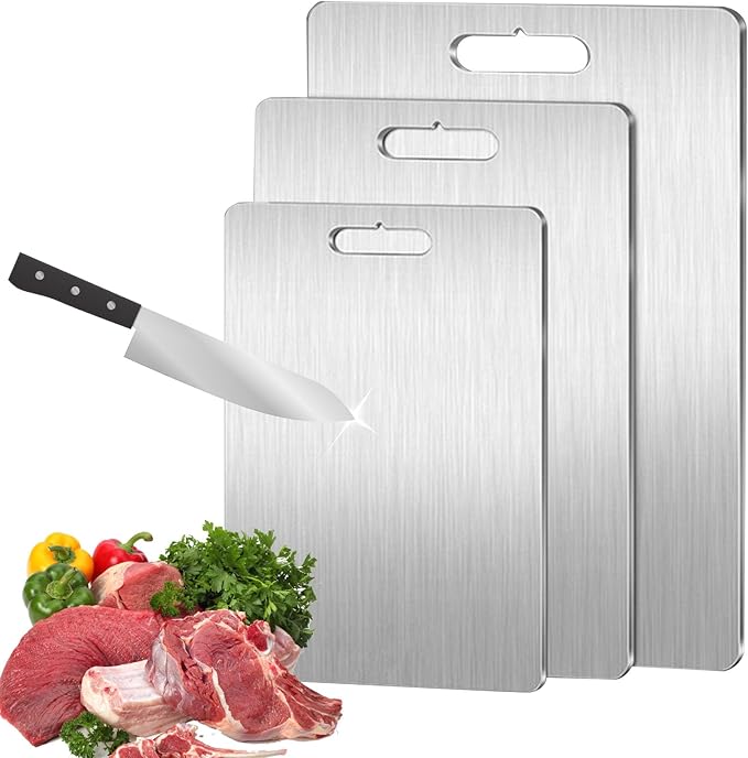 Cutting Board Set of 3, 100% Pure Titanium Cutting Boards for Kitchen, 2025 New Stainless Steel Cutting Boards, Scratch & Rust Resistant, Non-Slip Surface for Meat Vegetables Fruit, Easy Clean (3)