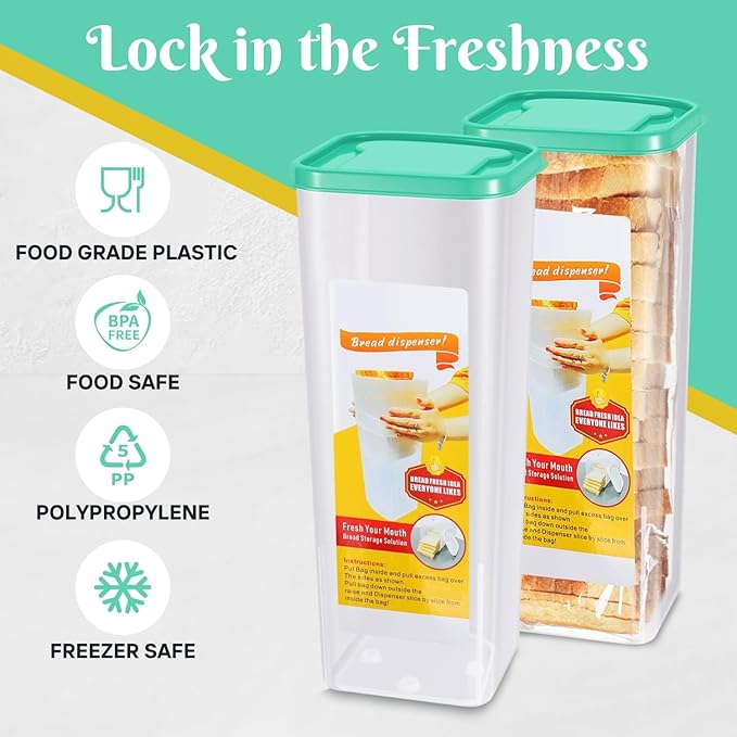 Flexzion 2 Pack Airtight Bread Containers - Clear BPA-Free Storage Box for Kitchen Countertop, Space-Saving & Durable Plastic Loaf Container & Dispenser, Green