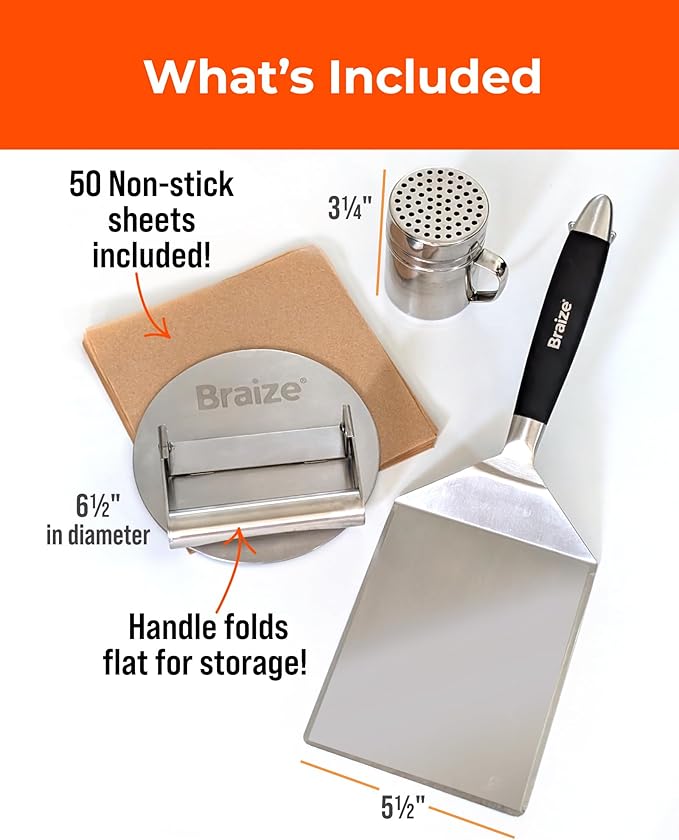 Smash Burger Press Kit, Stainless Steel Burger Press - Heavy Duty Grill Tools for Smashburgers, Flat Top Griddles, Cast Iron Pans, BBQ Accessories for Home Chefs (Shaker Set)