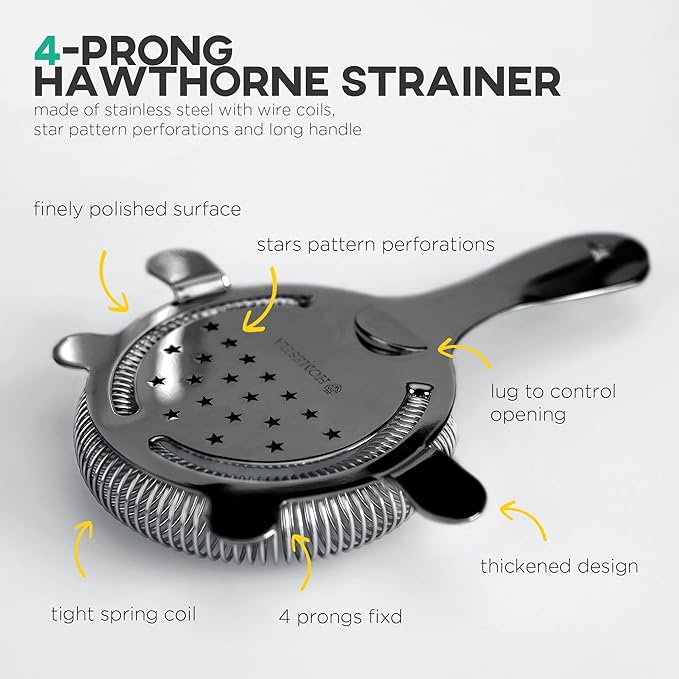 Homestia Hawthorne Cocktail Strainer - Stainless Steel Bar Strainer for Bartending, Bar Tool Drink Strainer for Bartenders and Mixologists, Martini Strainer for Boston Shaker Mixing Glass (Black)