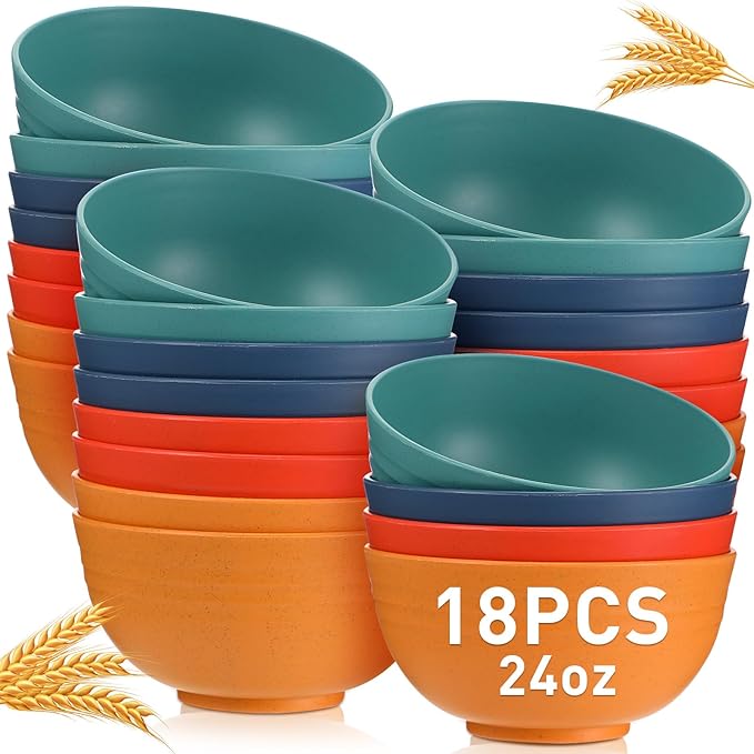 Geosar 18 Pcs Unbreakable Cereal Bowls 24 Oz Microwave and Dishwasher Safe Wheat Straw Fiber Lightweight Bowl for Soup Kitchen Serving Salad Dishes Oatmeal(Yellow, Orange, Green, Blue)