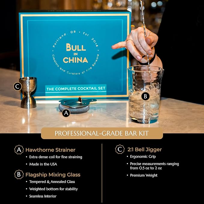 Shaken & Stirred Cocktail Set by Bull in China - Premium Bartender Gift Set 2 Piece Weighted Shaker, Hammered Jigger, Hawthorne Strainer, Fine Mesh Strainer, Mixing Glass & Barspoon (Gunmetal Black)
