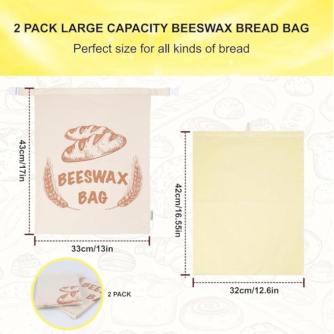 2 Pack Beeswax Bread Bags with Replaceable Liners,Reusable Bread Bags for Homemade Bread, XL Eco-Friendly Food Storage Bags for Extended Food Freshness,13X17 inch