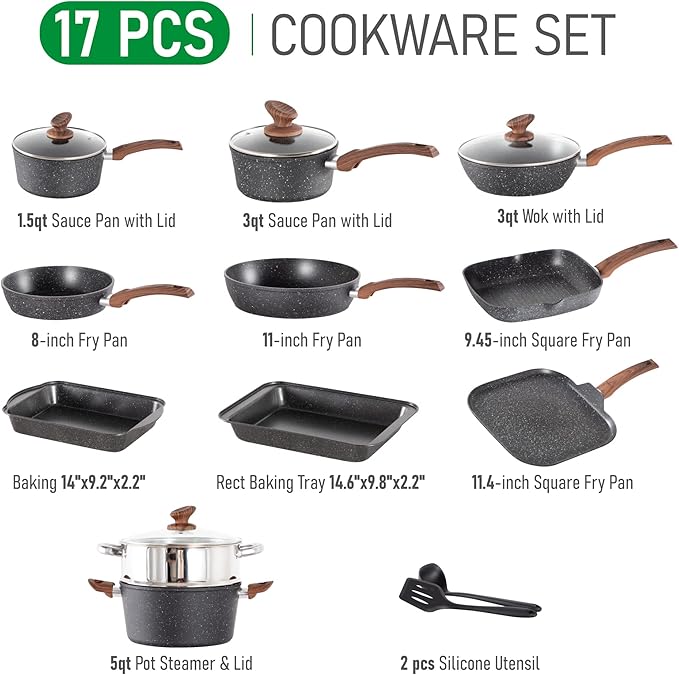 MAISON ARTS 17 Piece Pots and Pans Set Non Stick, Kitchen Cookware Sets with Nonstick Granite Stone Coating, Suitable for Induction Cooktops, Black