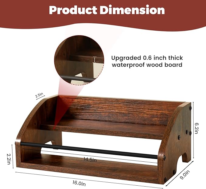 Wooden Countertop Organizer- Liquor Bottle Display Shelf, Coffee Syrup Rack Organizer, Spice Rack, Liquor Cabinet – Small Counter Storage, Stepped Pantry Shelf for Seasonings, Tea, Spice (Brown)