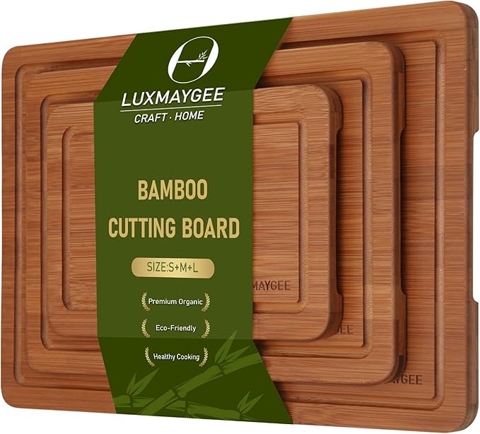Bamboo Cutting Board for Kitchen, Wooden Cutting Boards 3-Piece with Deep Juice Groove Built-In Handles and Non-Slip Feet, Wood Chopping Boards Set for Meat Vegetables Fruit Ideal Gift for the Home