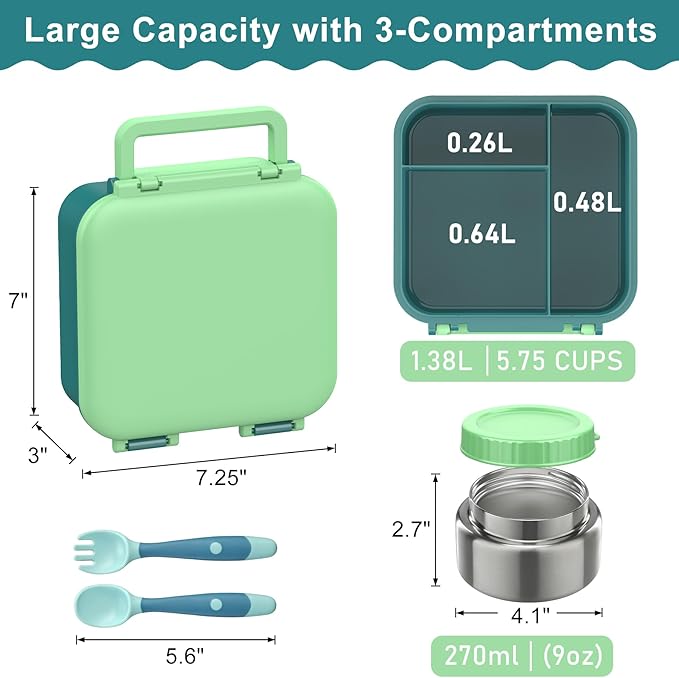 Bento Box for Kids with Soup Thermos(9oz)– Kid Bento Lunch Box with Leak Proof Insulated Food Jar, Hot & Cold Lunch Container Set for School Girls Boys, 4-Compartments, Dishwasher Safe, Green