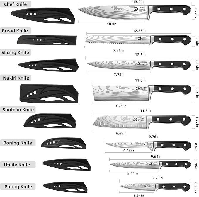 Dfito Chef Knife Set with Roll Bag, 9 Piece Professional Stainless Steel Japanese Kitchen Knife Set with Ergonomic Handle for Professional Chef, Dishwasher Safe, Camping, Travel, BBQ, RV or Gift Black