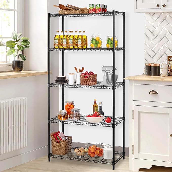 5-Shelf Metal Shelving Adjustable 1250Lbs Capacity, Storage Shelves for Garage Laundry Bathroom Kitchen Pantry Closet, NSF Certified Steel Organizer Wire Rack,Black, 72" H x 14" D x36 W