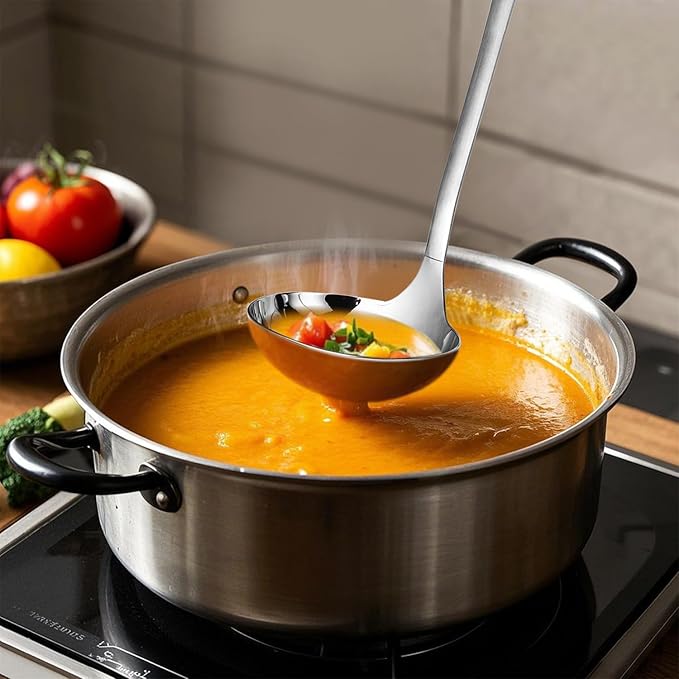 Cooking Spoon 12.2 Inches Kitchen Stainless Steel Round Ladle, Heavy-Duty, Heat Resistance, Rust-Resistant Kitchen Ergonomic Handle for Chefs Serving Soups, Stews