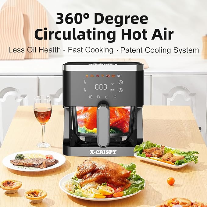 APSARAS USA Glass Air Fryer Non Toxic,5.2QT Convection Oven Air Fryer Glass, Healthy Kitchen Bake,Grill,Steam Broil, & Roast -Includes Bowl,Broil Rack,Toasting Rack & More 97% Less Oil (Black)