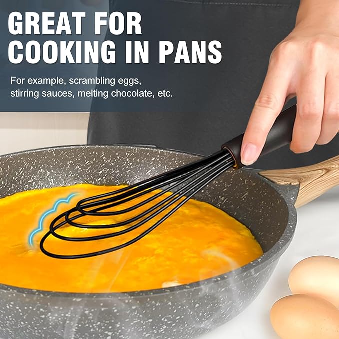 Silicone Whisk,Non Scratch Whisk for Cooking, 5+7+9+11in Balloon Whisks, Suitable for Mixing, Blending Whipping.11in Flat Whisks great for Ceramic Coated pans and Wider shallower pots.