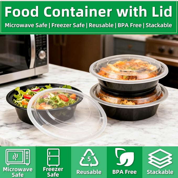Meal Prep Containers Reusable 10 Pack-28 oz Food Storage Containers with Lids To Go Food Containers Takeout, Microwave Dishwasher Freezer Safe, Stackable, BPA Free, Plastic (Black)