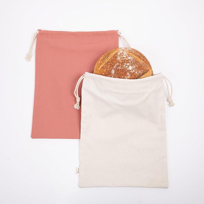 2-Pack Reusable Cotton Bread Bags (Pink + Neutral) - Fits 2 Loaves | Food-Safe, BPA-Free Liner Keeps Homemade & Sourdough Bread Fresh | Eco-Friendly, Washable | BHTR Goods
