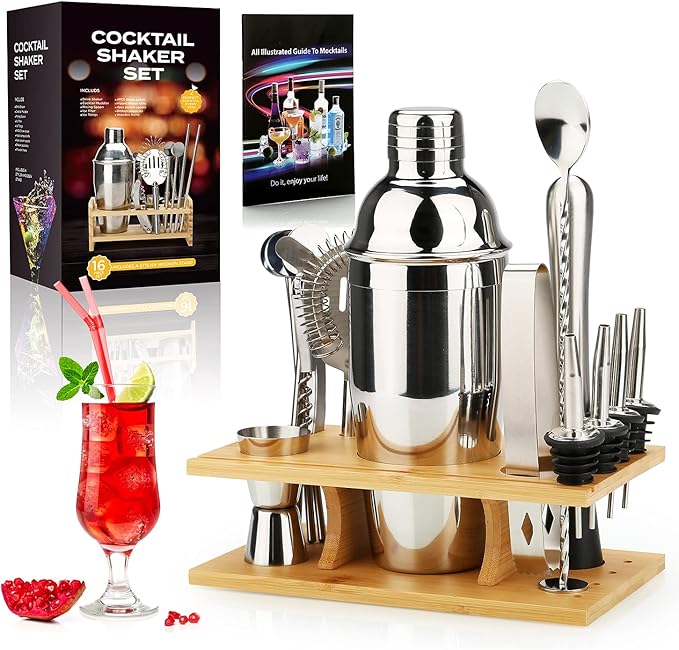 25 oz Cocktail Shaker Set 16 Pcs Mixology Bartender Kit with Stand - Professional Stainless Steel Bartending Kit - Perfect Home Bar Tool Gift Set for Drink Mixing (Silver)
