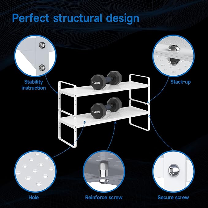 Expandable Cabinet Shelf Organizer Adjustable Metal Spice Rack Stackable Freestanding Counter Storage Shelves for Kitchen Cabinet Under Sink Office Desk (White - 2Pack - L16.5-27'' * W10.2'' * H9.6'')