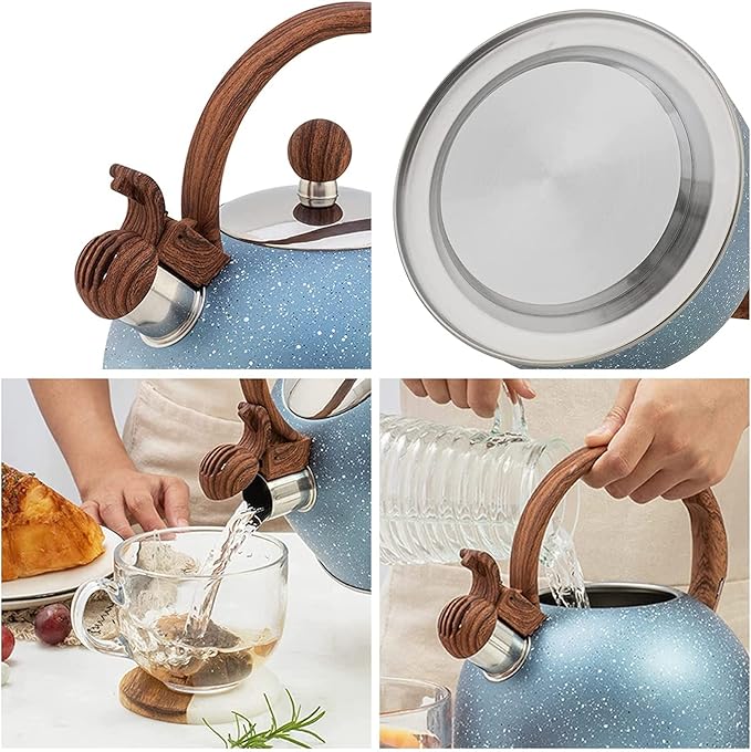 Vilihkc Whistling Stainless Steel Tea Kettle with Wood Grain Anti Heat Handle,2.6 Quart/2.5 Liter Stainless Steel Tea Kettles,Loud Whistling for Tea,Coffee,Gas Electric Applicable