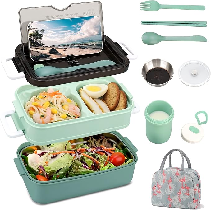 Adult Bento Lunch Box Kit, Bento Boxes Portable Lunch Box, Adult Bento Box with Lunch Bag, Bento Lunch Containers for Women, 1200ml Large Capacity Lunchbox BPA-Free(Green Metal)