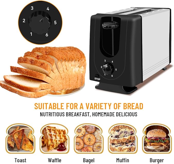 2-Slice Toaster, Bread Toaster with 6 Shade Settings, Removable Tray with Reheat & Cancel Buttons, Easy Clean, Compact for Dorm, RV, Office (White)