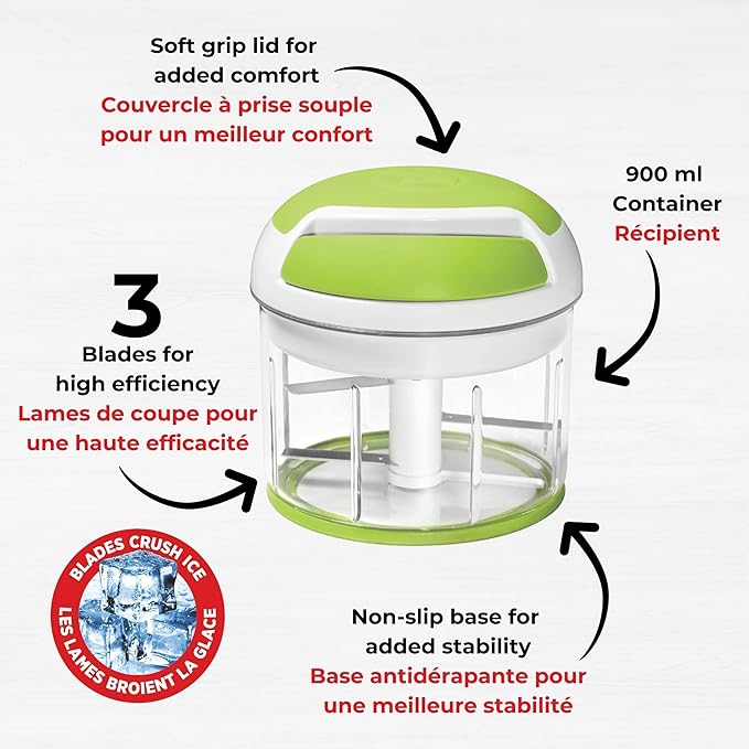 Starfrit Pull Chopper - Multi Purpose Manual Food Processor - Three Blade System for a Faster Cut - From Large Chunks to Purée - Self-Retracting Cord - Fruits, Vegetables, Meats and Crushes Ice